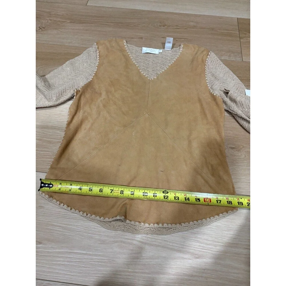 Dana Buchman Women's Suede & Crochet Knit V-Neck Sweater Top Tan Beige Size L